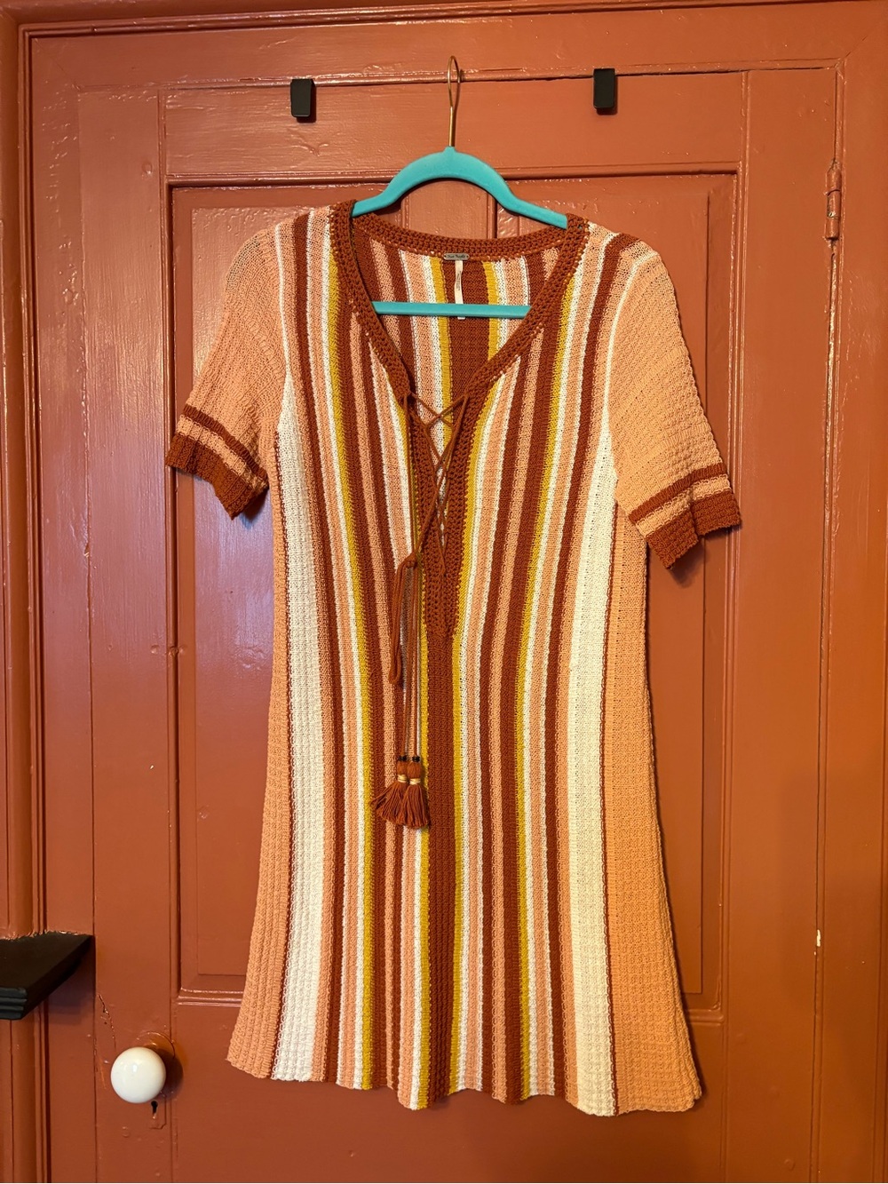Striped Knit Lace-Up Summer Dress in Rust and Cream
